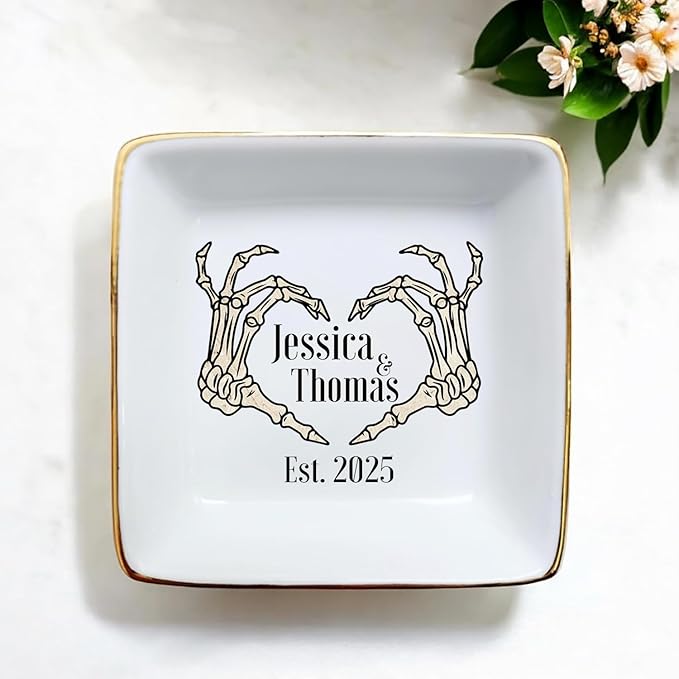 Custom Skeleton Hand Ring Dish Engagement Gift, Funny Engaged Ring Holder, Jewelry Tray Gifts for Newly Engaged Couple, Anniversary Halloween Wedding Party Gift for Bride Wife