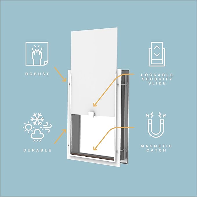 Hakuna Pets Deluxe Aluminum Pet, Cat and Dog Door with 2-Way Locking Panel for Screens, Doors and Walls up to 2.8" Thick, Medium, White