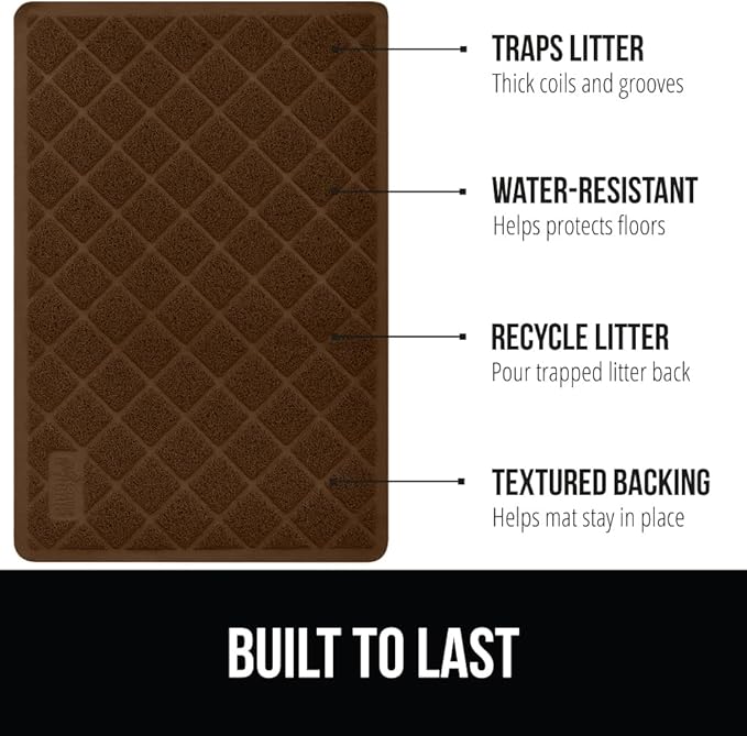 GORILLA GRIP Cat Litter Box Mat, 32x32, Water Resistant, US Designed Kitty Litter Trapping Mats, Easy to Clean, Scatter Control, Less Mess and Clean Floors, Kitten Supplies for Indoor Cats, Brown