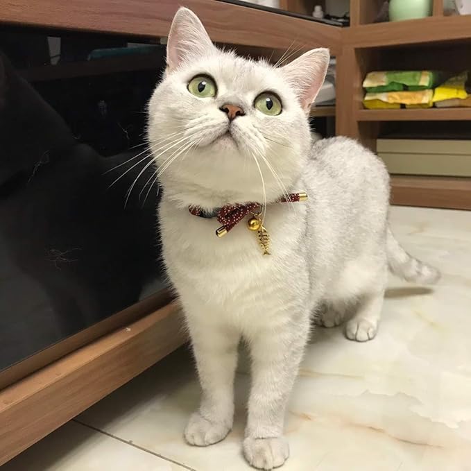 PetSoKoo Cute Bowtie Cat Collar with Bell. Japanese Stylish Bowknot & Fish Charm. Safety Breakaway, Soft, Lightweight, for Girl Boy Male Female Cats Kitten,Red
