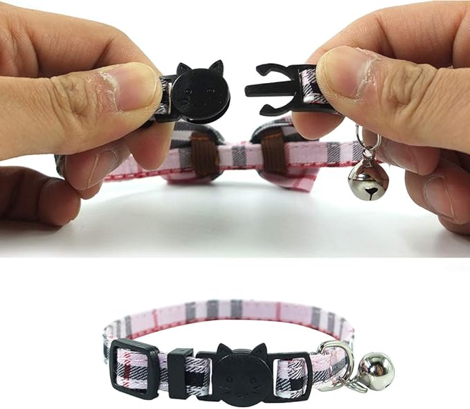 Cat Collar Breakaway with Bell and Bow Tie, Plaid Design Adjustable Safety Kitty Kitten Collars Set of 2 PCS(6.8-10.8in) (Pink&Cyan Plaid)
