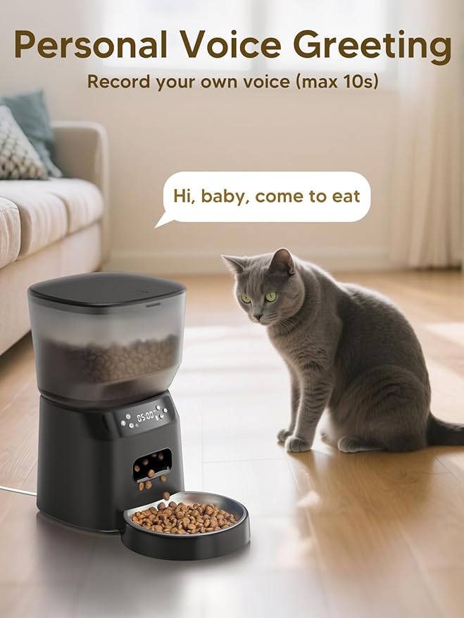 Automatic Cat Feeder and Water Fountain, 4L/16 Cups Timed Cat Dry Food Dispenser, 10s Meal Call, 20 Portions 6 Meals Per Day, 2L Cats Fountains for Drinking with Filter, Pet Feeder for Dog, Sooty
