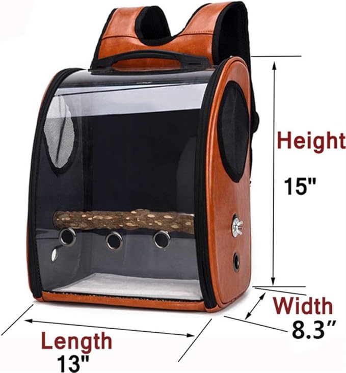 Bird Carrier Clear Parrot Outing Backpack APET Transparent Acrylic Bird Travel Carrier Parrot Travel Cage Panoramic Pet Backpack for Puppy Kitten 33x38x17cm (Brown)
