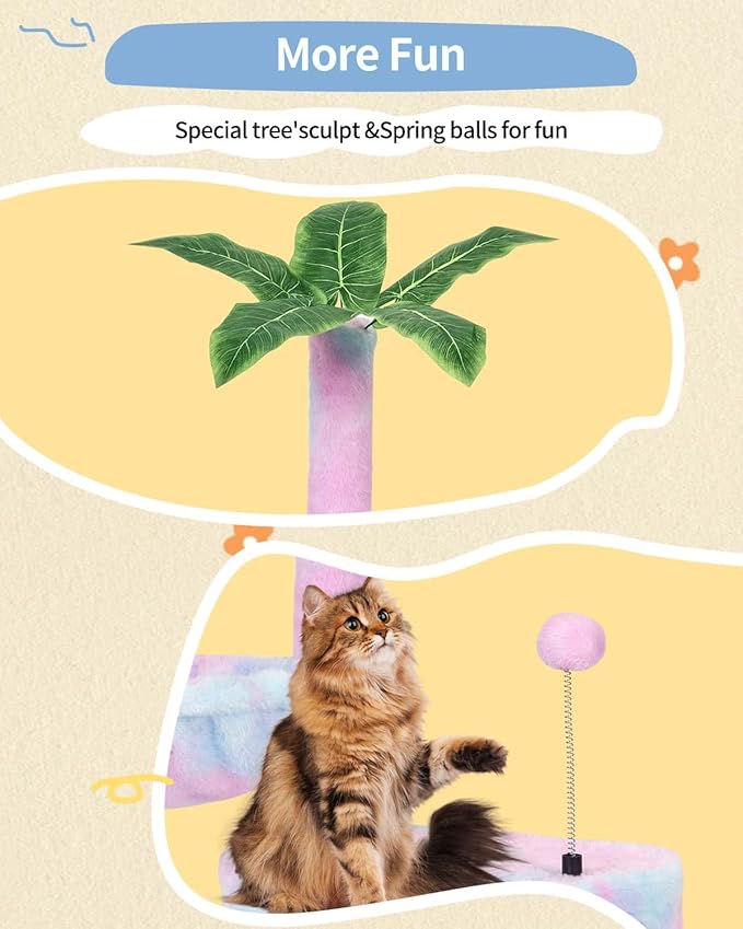 KIYUMI Cat Tree Cat Tower Condo with Sisal Scratching Post for Indoor Cats Tree Furniture with Hammock Perch and Kitten Ball Toys, Multi-Level Pet Activity Center (Rainbow)