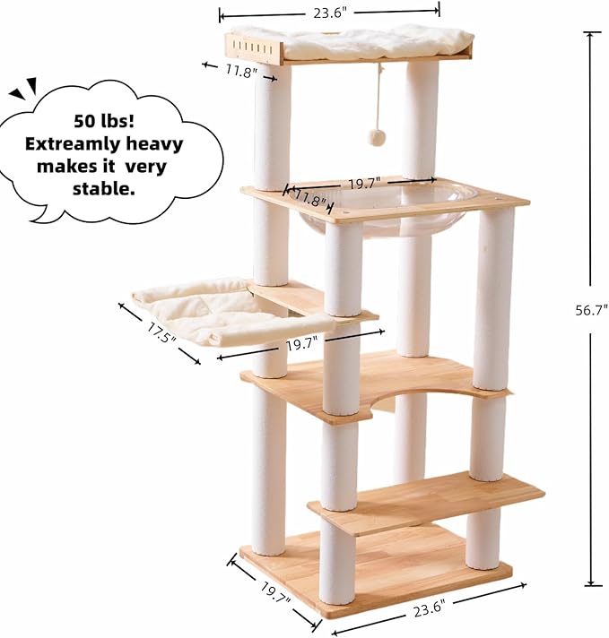 SHENGOCASE Modern Natural Wooden Wood Cat Tree Tower Condo, Extra Large Top Platform Perch, 57" Tall, Big Clear Capsule Bowl Bed, for Maine Coon Indoor Cats