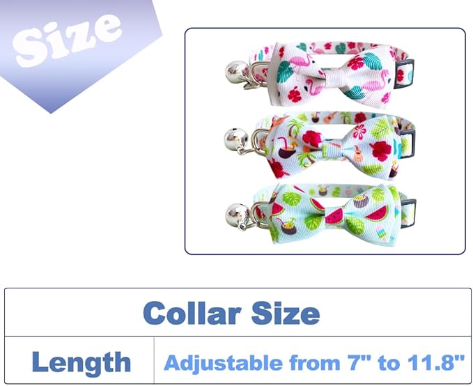 3 Pack Hawaiian Breakaway Cat Collar with Removable Cute Bow Tie and Bell Adjustable Safety Buckle Fruit Flamingos Hawaiian Styles