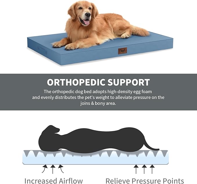 Outdoor Dog Bed for Small Dogs, Waterproof Dog Crate Bed for Medium Dogs Cats, Orthopedic Egg Crate Foam Pet Bed with Washable Removable Oxford Cover, Blue