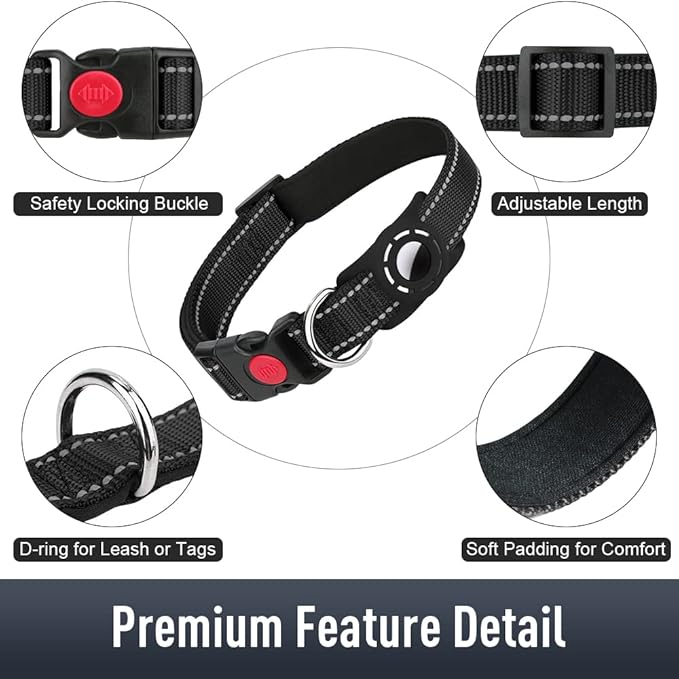 Airtag Dog Collar with AirTag Holder for Large Dogs, Reflective, Soft Padded & Safety Locking Buckle, Nylon Pet Collars Adjustable for All Breeds, Black,L