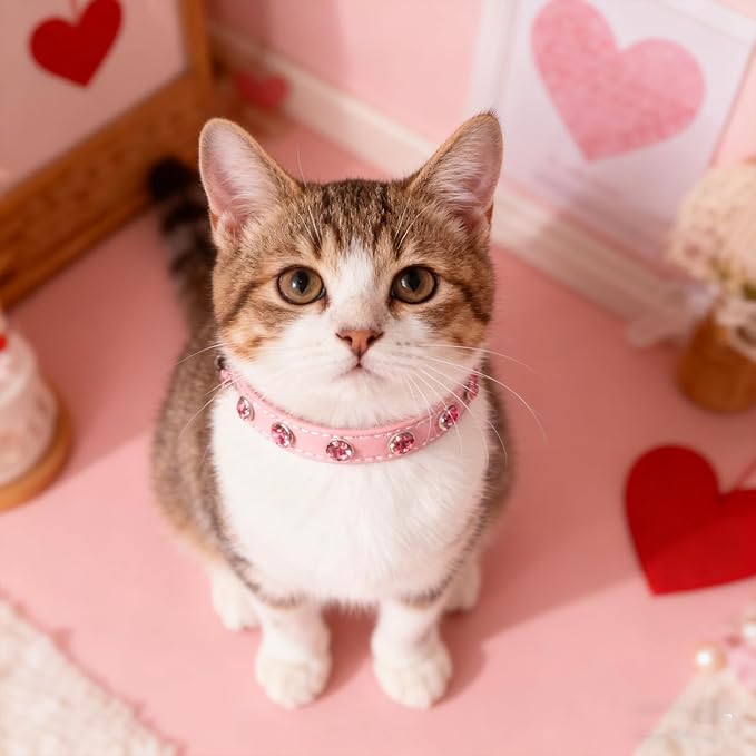 EXPAWLORER Leather Cat Collar for Girl Boy- Adjustable Pet Collar with Safety Elastic Belt,Personalized Rhinestone Accessories Buckle Collars with Bell & Durable D-Ring,Rhinestone (Pink)