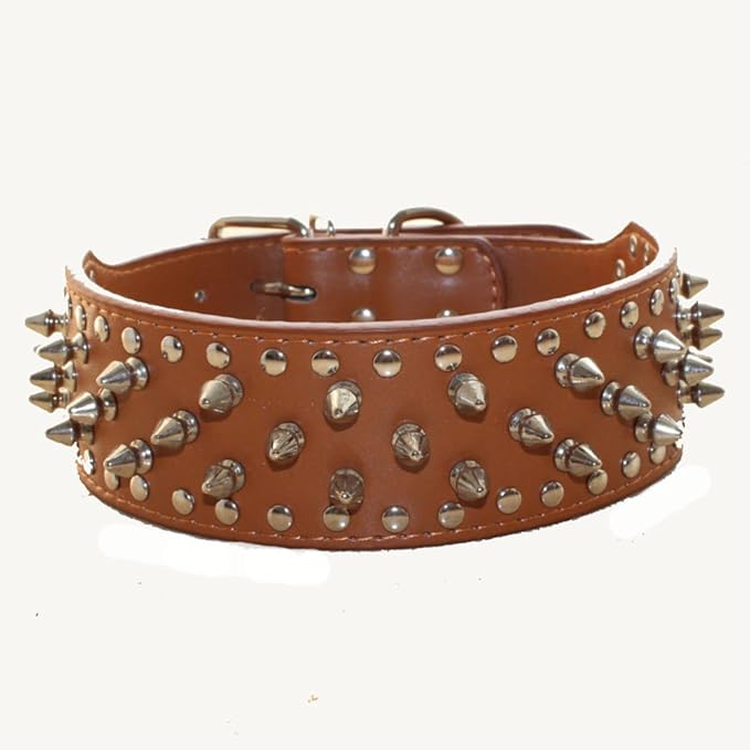 Serijoars Spiked Studded Dog Collar, PU Leather Dog Collar, Adjustable Pet Collars for Medium or Large Breed Pet (L, Light Brown)