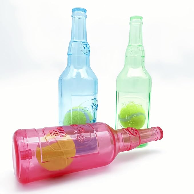 Cute Tough Dog Toy Rubber Bottle Squeaky Dogs Chew Toy Long Lasting Interactive Fetch Toy for Teething Tennis Ball Included (Green, Large)