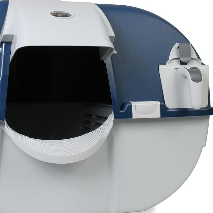 Omega Paw Roll N Clean Complete Self Cleaning Litter Box with New Bag System, Litter Step, Sifting Grate, and Pullout Waste Tray with 100 Bags, Blue