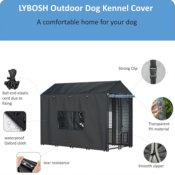 Outdoor Dog Kennel Cover - Full Coverage for 8.1'Dx4.1'Wx6'H Dog Cages, Outdoor Dog Kennel Insulation Cover, with Transparent Window and Fleece Insulation Lining, Black（Excluding Dog kennels）