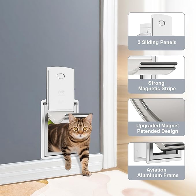 Cat Door for Wall, Energy Efficient Pet Door with Steel Frame, Telescoping Tunnel, Double Magnetic Flaps and Two Sliding Lock Panels, Easy to Install, Milky White, Small