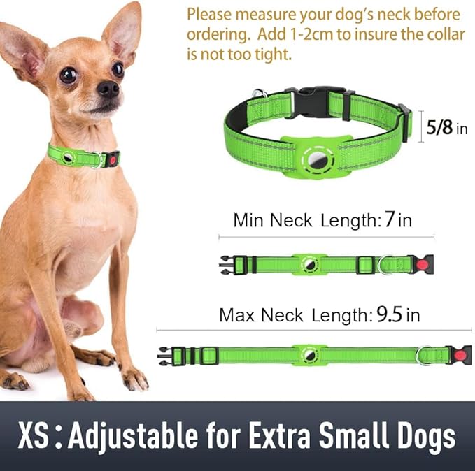 Airtag Dog Collar with AirTag Holder for Puppy Small Dogs, Reflective, Soft Padded & Safety Locking Buckle, Nylon Pet Collars Adjustable for All Breeds, Green,XS