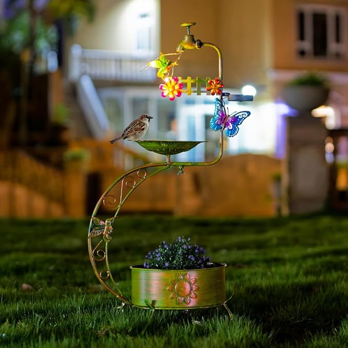 VEWOGARDEN Bird Bath for Outside, Solar Metal Outdoor Standing Birdbath with Flower Planter for Garden, Yard, Patio Decor, Green
