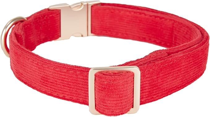Soft Cotton Dog Collar with Metal Buckle Adjustable Heavy Duty Comfy Corduroy Collars for Small Medium Large Dogs,Red,Large