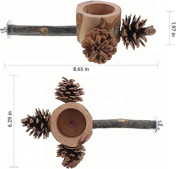 2 Pcs Bird Perch with Safe Bowl Wood & Pinecones - Bird Toys Chew Toys 100% Natural & Durable for Cockatiel, Conure, Budgie, Lovebird, Parakeet - Birdcage Accessory for Foraging & Oral Health