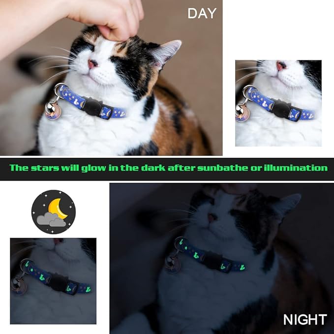 2PCS Breakaway Cat Collars with Bell Cute Kitty Glow in The Dark Adjustable Kitten Collars 7.9-13.0 Inch(Bule&Black)