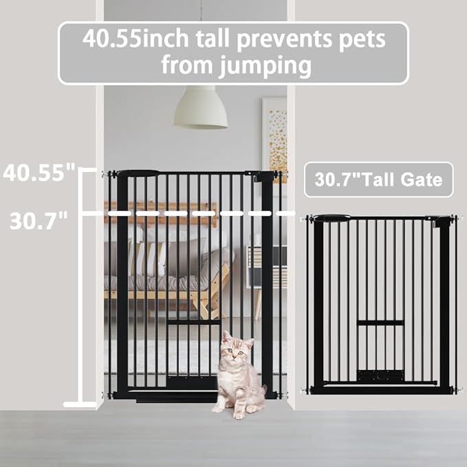 40.55" Tall 1.37" Ultra Narrow Spacing Dogs Pets Baby Gate with Door for Doorway Cat Safety Proof Indoor 30.12-61.61" Extra Wide Puppy Pressure Mounted Black Metal Hallway