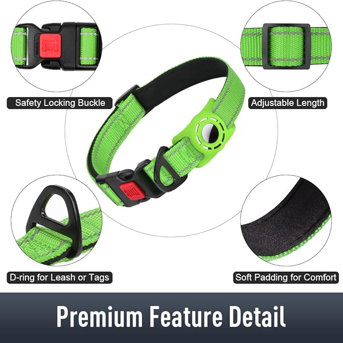Airtag Dog Collar with AirTag Holder for Large Dogs, Reflective, Soft Padded & Safety Locking Buckle, Nylon Pet Collars Adjustable for All Breeds, Green,XL