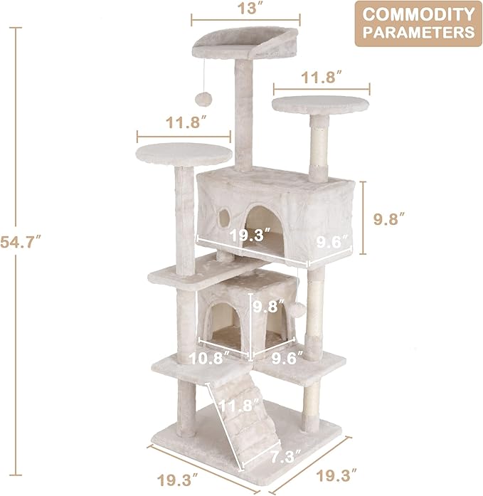 Heavy Duty Cat Tree Tower, 54" Tall Cat Tower for Indoor Cats with Cat Scratching Post with Bed, Cat Condo, Hanging Ball, Multi-Level Cat Climbing Tower Cat Trees Furniture Activity Center, Beige