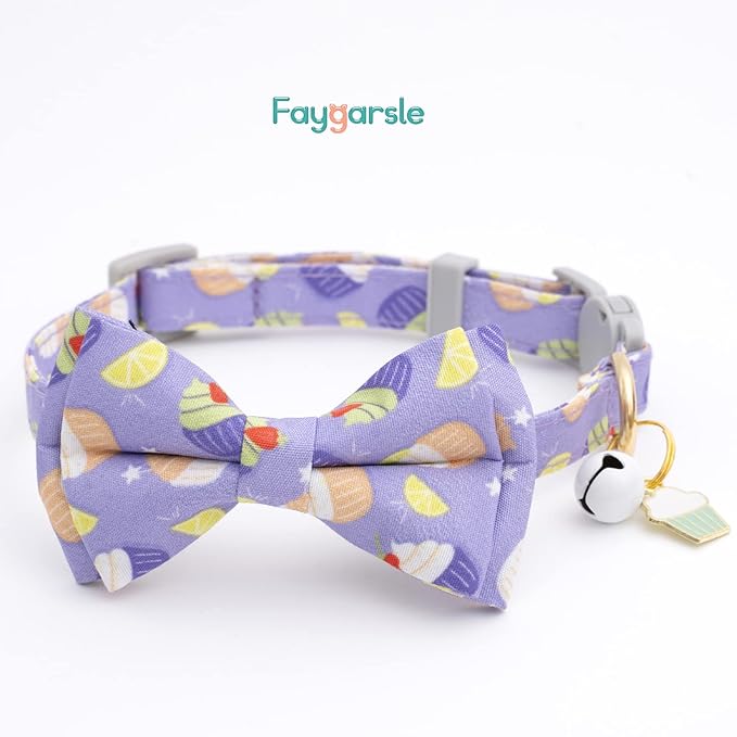 Faygarsle 2 Pack Cute Breakaway Cat Collar With Bell and Bowtie for Male Female Cats - Soft Fancy Pink Purple With Ice Cream Doughnuts Pattern - Summer Collar for Boy Girl Cats