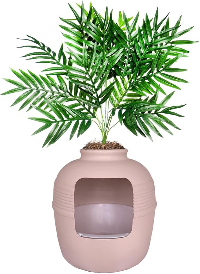 Good Pet Stuff Hidden Litter Box Planter, Decorative Cat Litter Enclosure with Carbon Filter, Artificial Plant, Easy Clean, Indoor Design, Original Round Style, Essentials Kit, Pink Coral