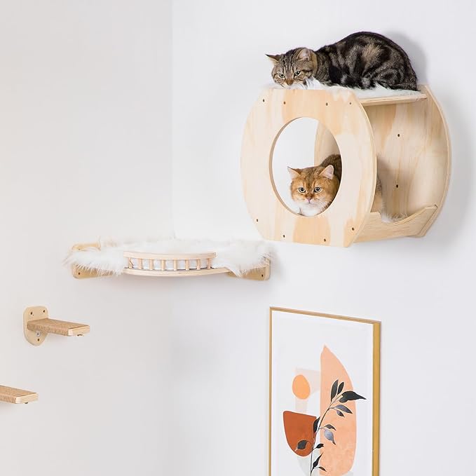 Cat Shelves - 3 Steps, Wall Climbing Shelf with Plush Covered Bed, Large Cats Set