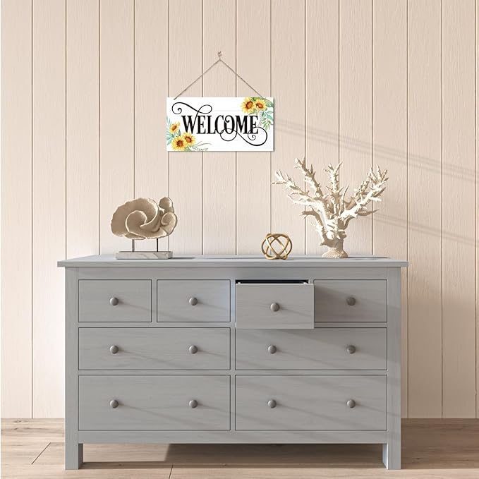 Welcome Sign for Front Door, Welcome Decor Wooden Hanging Sign for Wall Decor, Sunflower Pattern Signs, Rustic Funny Wooden Outdoor Front Door Hanging Decoration 13.8X6.9 inches