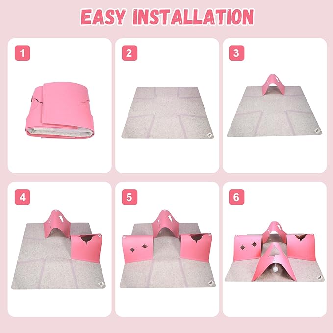Interactive Cat Tunnel Mat for Indoor Cats, 4-Way Felt Cat Cave with Hanging Ball, Foldable Kitty Play Mat and Hideout, Pet Enrichment Toy for Kittens Rabbits Small Pets, Pink