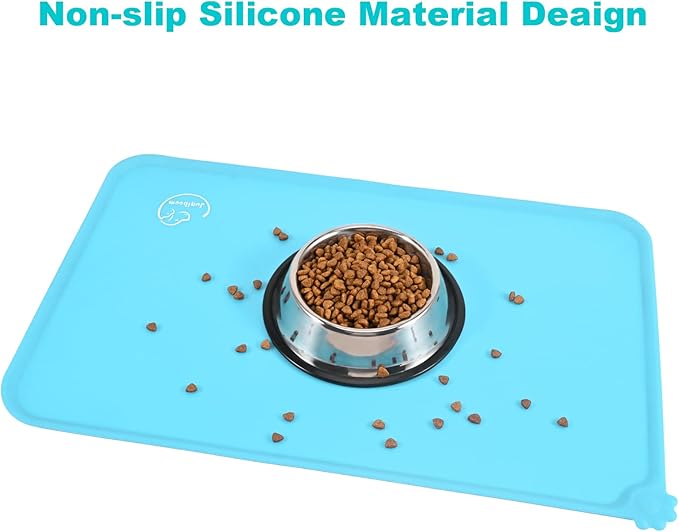 Silicone Waterproof Dog Cat Pet Feeding Mats, Non Slip, Easy Clean Pet Dog Cat Bowl Mats Placemat (24" x 16") Blue