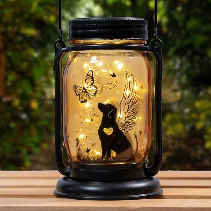 iHeartDogs Angel Dog or Cat Memorial Mason Jar Solar Light - Outdoor Hanging Lantern, Garden Stake, Solar Powered, Garden Decor - Warm Light