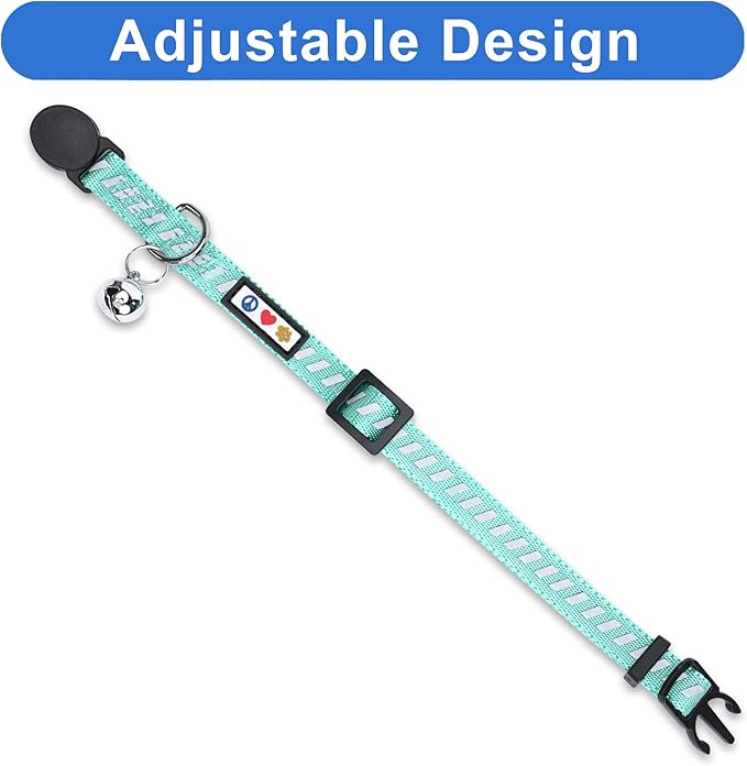 Pawtitas Personalized Teal Reflective Cat Collar – Adjustable Custom Collar with Safety Buckle, Removable Bell, and Engraved Name & Phone Number for Kittens and Adult Cats