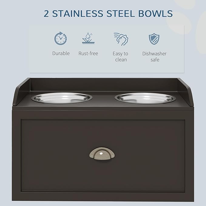 PawHut Dog Feeding Station with Storage Drawer, Dog Food Storage Cabinet with 2 Removable Elevated Pet Bowls for Large Sized Dogs, Coffee