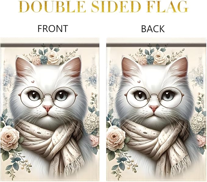 Cat Garden Flag 12x18 Inch Double Sided Outdoor Yard Banner White Cat with Glasses and Scarf Floral Design for Spring Summer Patio Porch Lawn Decoration