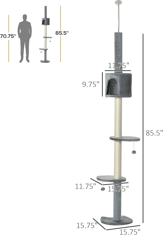 PawHut 85.5" Cat Tree Height Adjustable Floor-to-Ceiling 4-Tier Kitty Climbing Activity Center Condo Cat Toy with Scratching Post Hanging Balls Play Rest Post Pet Furniture Grey