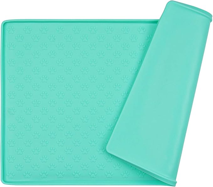 Silicone Cat & Dog Bowl Mat, Non-Slip Pet Feeding Mat - Waterproof Dog & Cat Placemat (18.5"x11.8", Mint Green Paw Pattern)