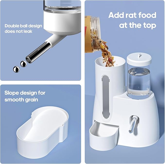 2 in 1 Hamster Water Bottle - Automatic Food Bowl, No Drip Small Animal Water Bottle Dispenser, for Syrian Dwarf Hamsters, Gerbils, Mouse, Hedgehog, Hamster Cage Accessories (White, Large)