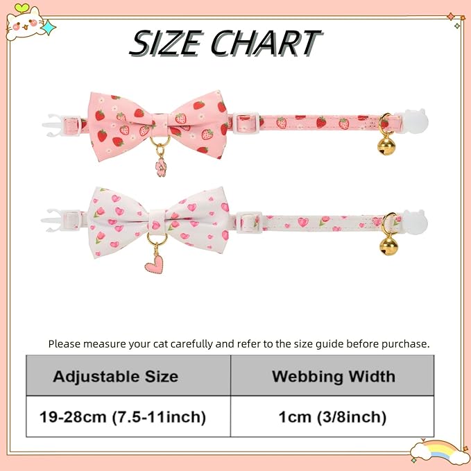 2 Pack Floral Cat Collars with Bow Tie and Bell Adjustable Breakaway Bowtie Cute Kitten Collar(White Heart & Pink Strawberry)