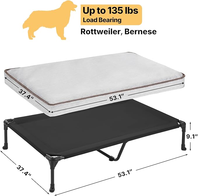 Veehoo Elevated Dog Bed with Waterproof Cushion, Cooling Raised Dog Beds with Padded Top, Washable Outdoor Dog Bed, Orthopedic Pet Cot for Indoor & Outdoor, Extra Large Dog Bed 53" x 37.5", Dark Grey