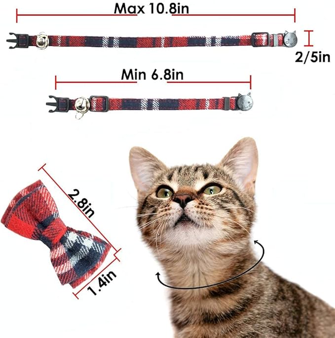 Cat Collar Breakaway with Bell and Bow Tie, Plaid Design Adjustable Safety Kitty Kitten Collars(6.8-10.8in)(Red Plaid 3)