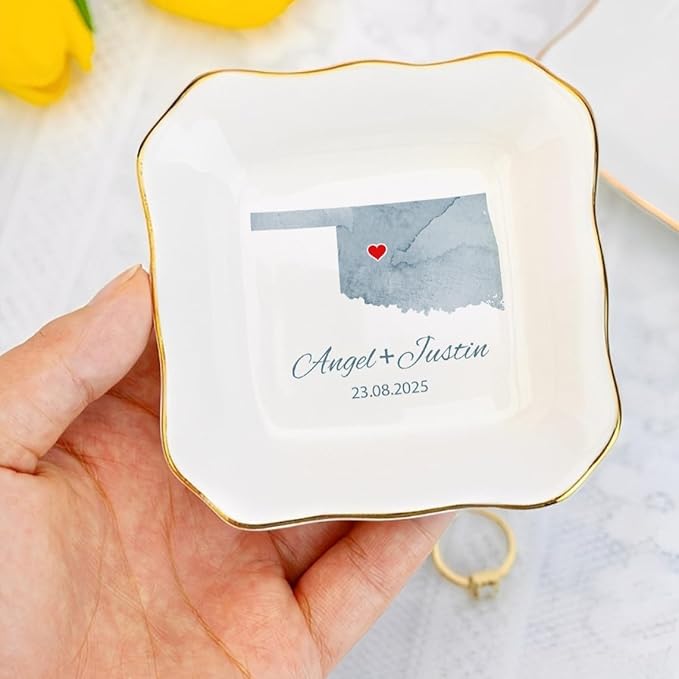 Custom State Location Map Engaged Ring Dish, Ring Holder Dish Engagement Gift, Jewelry Tray Gifts for Newly Engaged Couple, Trinket Dish for Her Bride Wife Bestie