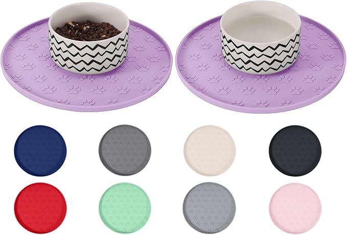 Comtim Waterproof Dog Food Mat - 2 Pack Silicone Pet Food Mat Dog Food Bowl Mats Cat Water Mats Eating Tray, Non-Slip Pet Placemat with Lip for Messy Drinkers to Protect Floor, Lavender 11"×11"