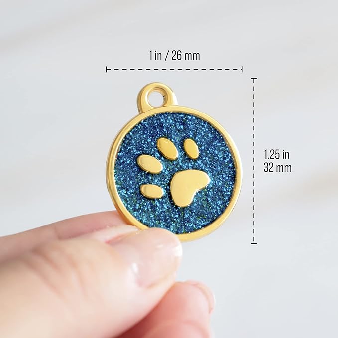 Paw Shape Dog ID Tag Stainless Steel Custom Laser Engraved, Cute Bling Glitter Pet Name Tags Personalized with Durable Engraving (Gold Sparkly Round Paw)