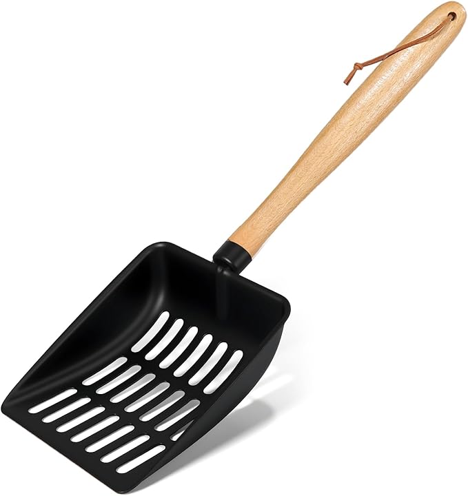 Cat Litter Scoop, Metal Litter Scoop, Heavy Duty Metal Cat Scooper for Litter Box, Black Sifter Scoop for Pellets, Wooden Handle Scoop with Hole, Kitty Necessity (9.8" Handle)