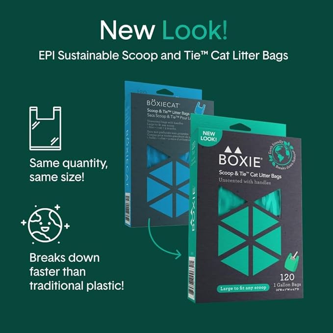 Boxie Sustainable Scoop & Tie Pet Waste Bags, 120 Count, Leak-Proof, Easy-to-Tie Handles, Eco-Friendly, Odor Control, EPI Technology, Durable for Cat Litter & Dog Waste