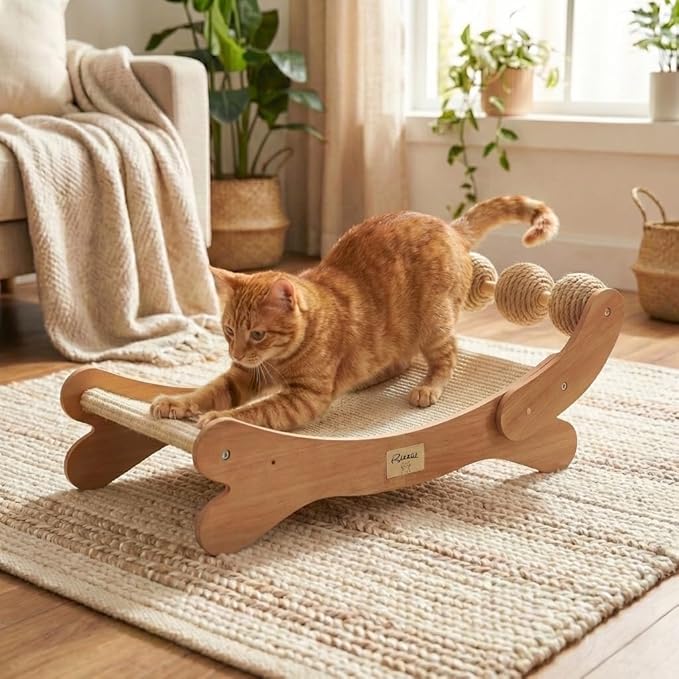 Sisal Cat Scratcher Bed with 3 Toy Balls for Indoor Cats, Durable Wooden 3-in-1 Hammock Lounge & Scratch Pad - Modern Furniture for Large Cats, Scratching Post Lounger
