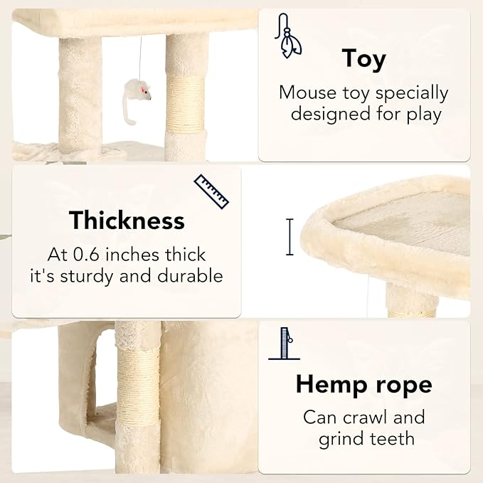 BestPet | 37" Cat Tree Tower | Beige | Sturdy Multi-Level Cat Tree with Plush Condo, Cozy Perch, Sisal Scratching Posts, Hanging Toy and Hammock | Easy Assembly | for Kittens & Adult Cats