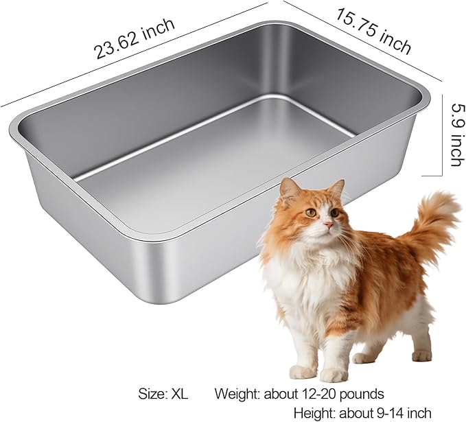 X-Large Stainless Steel Litter Box with High Sided, Metal Cat Litter Box, Odor-Free Non-Stick Litterbox Pan, Easy to Clean Pet Supplies Toilet Tray for Indoor Cats, Kittens or Multicat Homes
